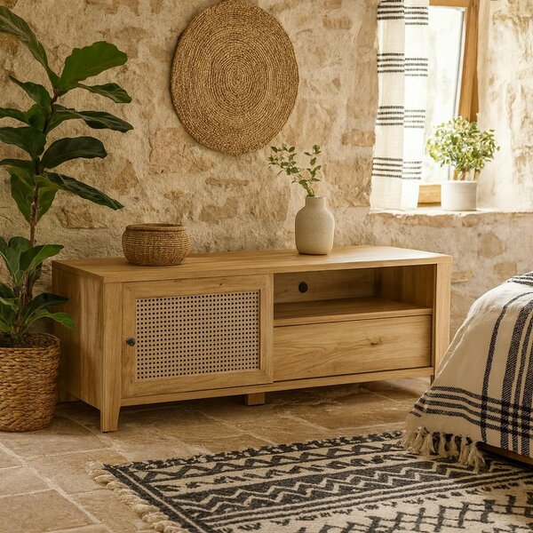 Wyld Haus Monza Natural Oak Wood and Rattan 1 Door 1 Drawer TV Unit
