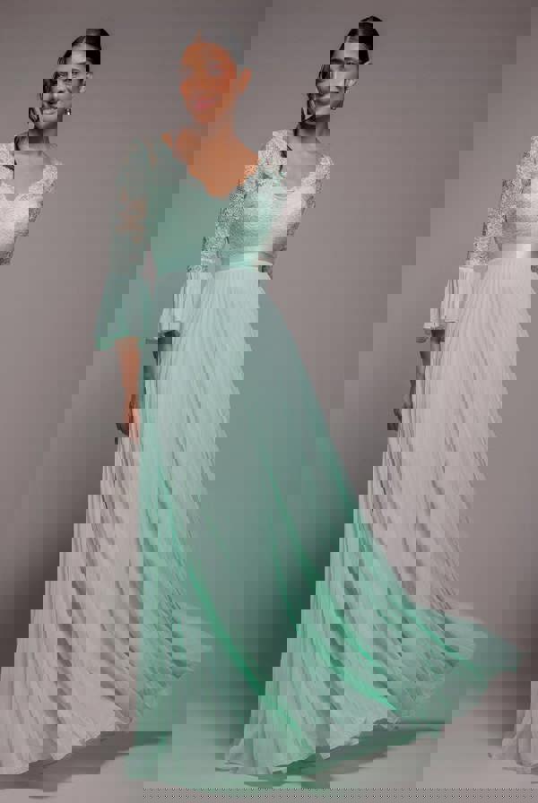 Scalloped Lace Bodice Pleated Chiffon A Line Maxi Dress - Mint Green DR4390