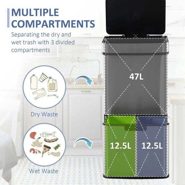 Stainless steel recycling bin with multiple inner compartments and removable lid