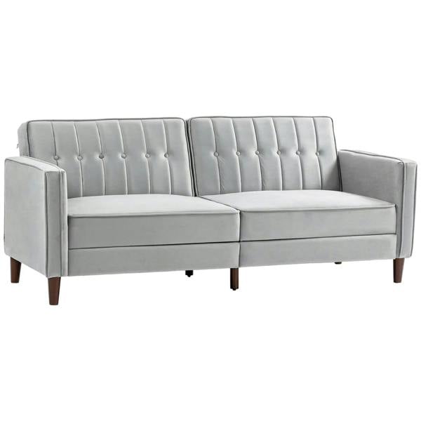 Light grey tufted convertible sofa loveseat with vertical button back cushions