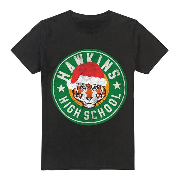 Stranger Things Mens Hawkins High School Christmas Logo T-Shirt - Black