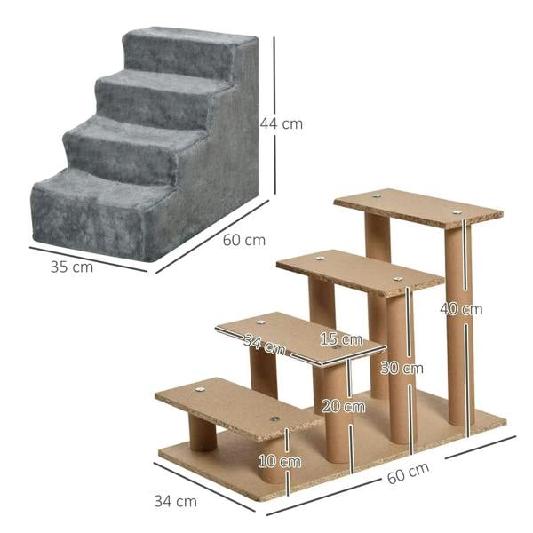 Light grey plush dog stairs with 4 steps and side dimensions