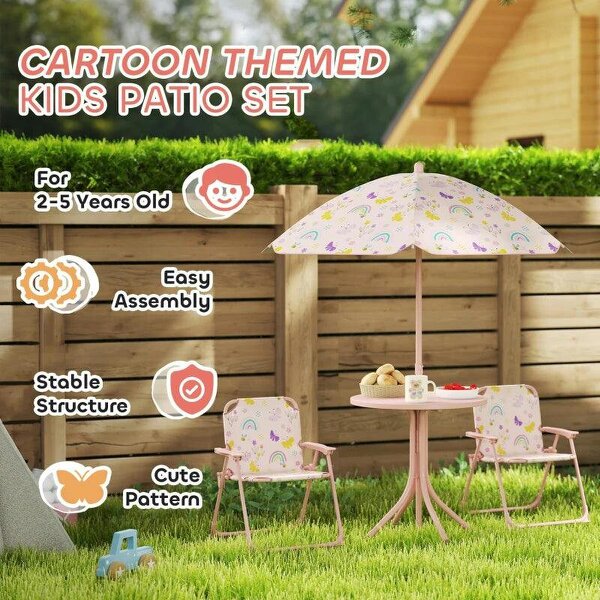 4-Piece Kids Garden Table and Chair Set with Adjustable Parasol, Folding Chairs, Table, Rainbow Pattern, Pink