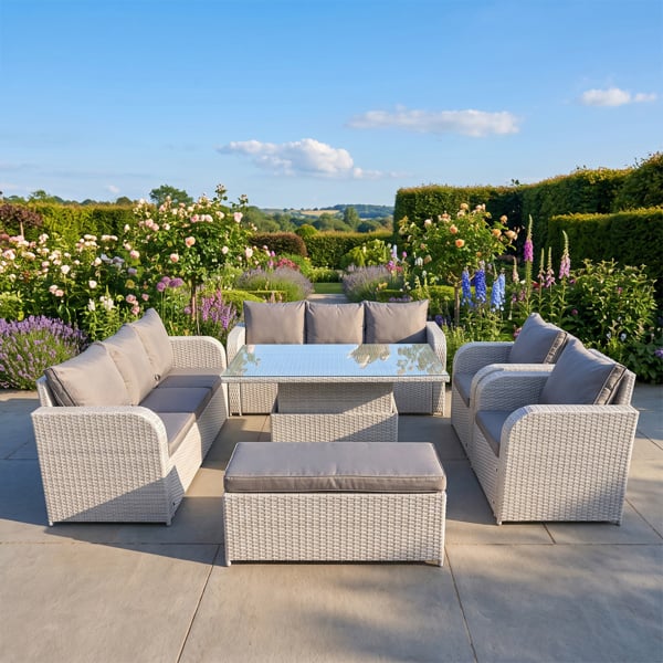 Fimous PE Rattan High Back Lounge Sofa Set Patio Adjustable Lifting Dining or Coffee Table & Chairs Set with 3 Seater Sofa Reclining Chair Light Grey