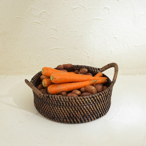 Small natural rattan round basket with handles handwoven wicker
