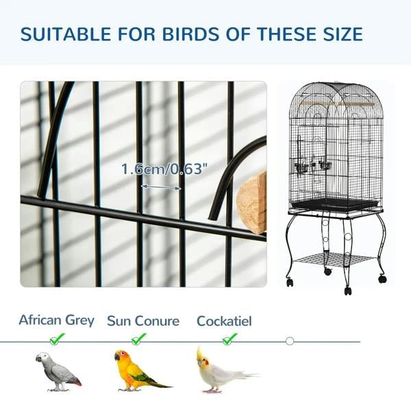 Black bird cage with bar spacing shown for suitability for small birds