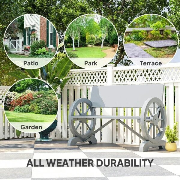Fir Wood 2-Seater Outdoor Garden Wagon Wheel Bench, Grey
