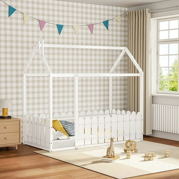 Wooden House Toddler Bed with Fence and Roof, ZH1135 Bed Frames Living and Home