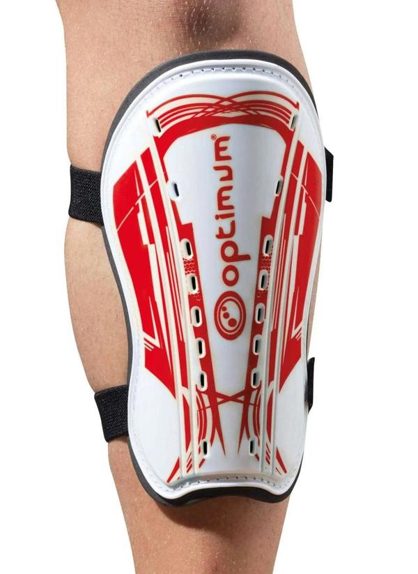 White and red Optimum Velocidade shin guard with black straps and logo print worn on leg, on white - Optimum