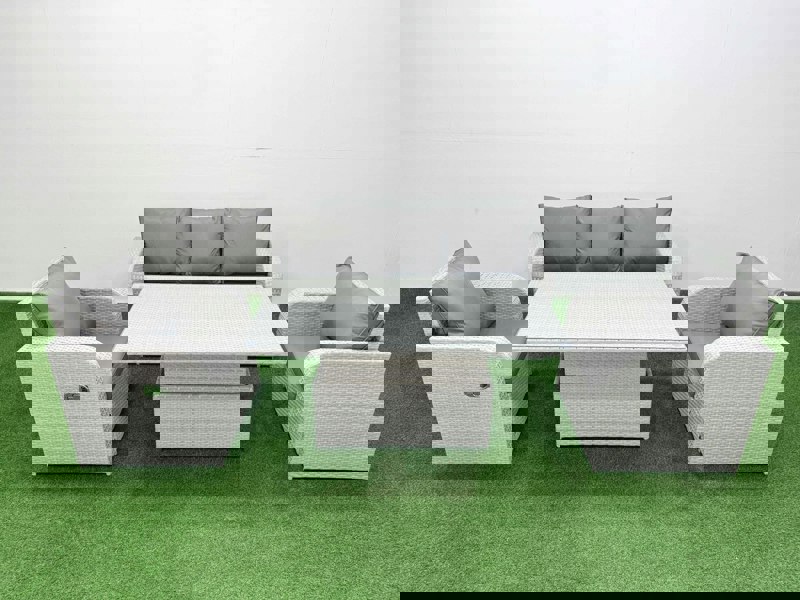 Fimous PE Rattan Garden Furniture Set Reclining Chair Sofa Lounge Sofa Set Adjustable Lifting Dining or Coffee Table Light Grey