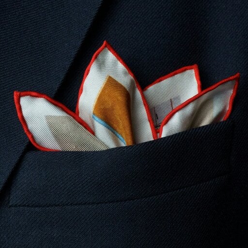 Otway & Orford 'Vintage Velocity' motorcycle silk pocket square in red, pale blue, black & brown (42 x 42cm)