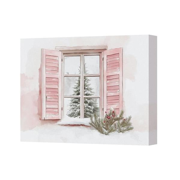Benjamin Tate Design Winter Window Canvas Art Pink Shutters Snow Scene Decor