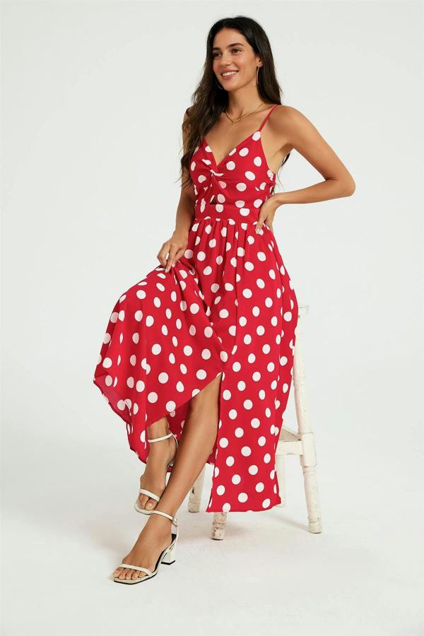 FS Collection Dot Print Knot Front Midi Dress In Red