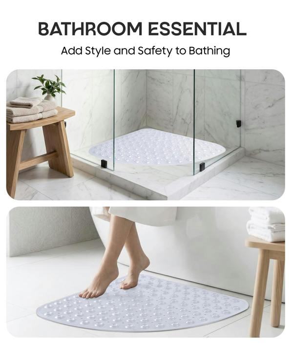 ADOV Corner Shower Mat, 54 x 54cm Curved Non Slip Bath Mat with Suction Cups and Drainage Holes