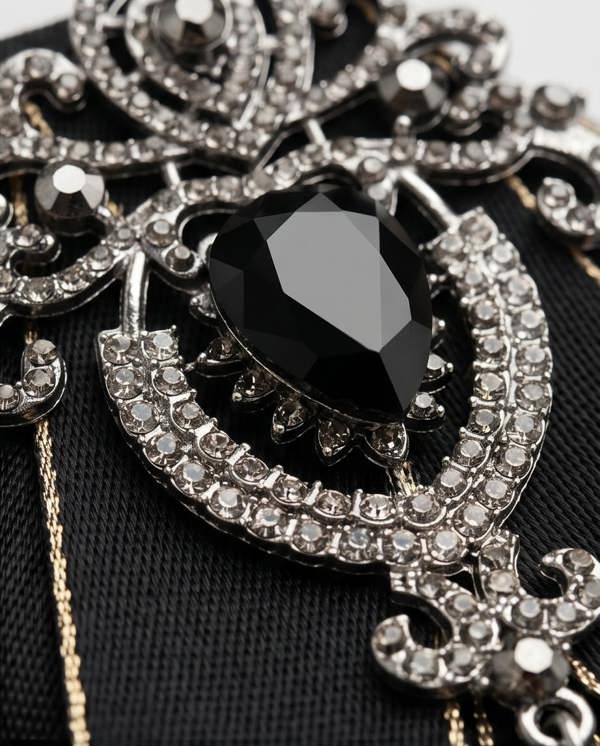 Pamoni Bold Black Ribbon Bow Tie with Statement Gemstone Brooch