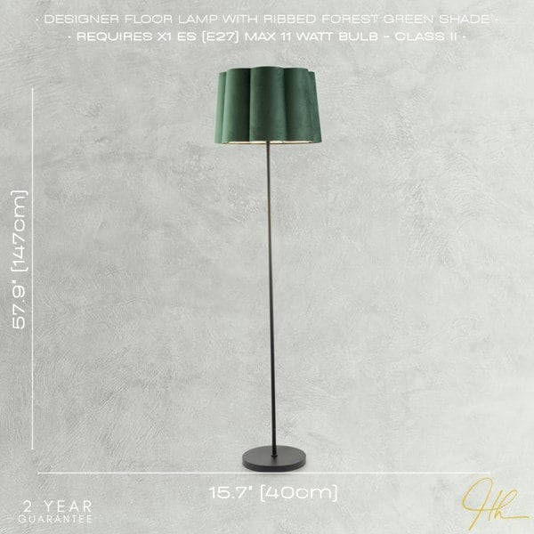 Modern Matte Black Floor Lamp with Forest Green Velvet Scallop Shade Image 7