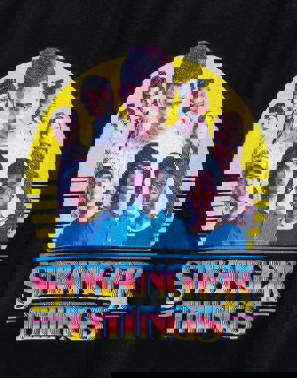 Stranger Things Girls Black Multi-Character Placement Print Short Sleeved T-Shirt