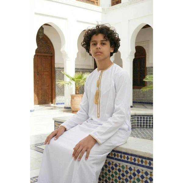 TT-003 - Boy's Emirati Omani Gold Tassel Embroidery Thobe - White - Thobez - 2