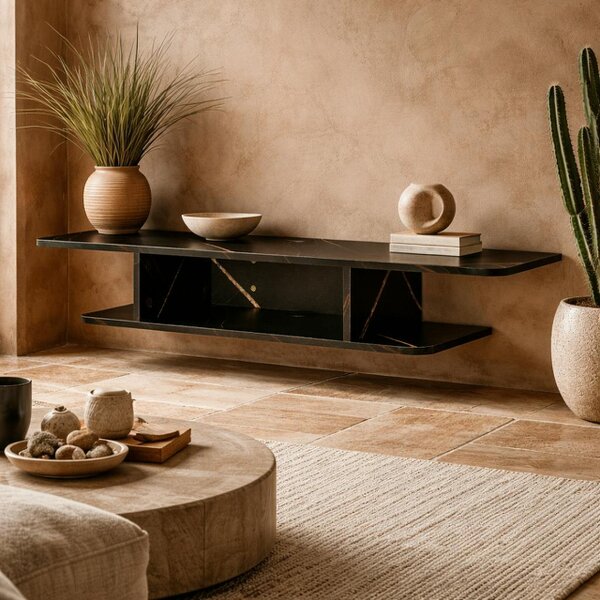 Wyld Haus Dibasa Mizi Wooden Black Floating TV Unit With OFauxn Shelves For Screens Up To 40 Inches