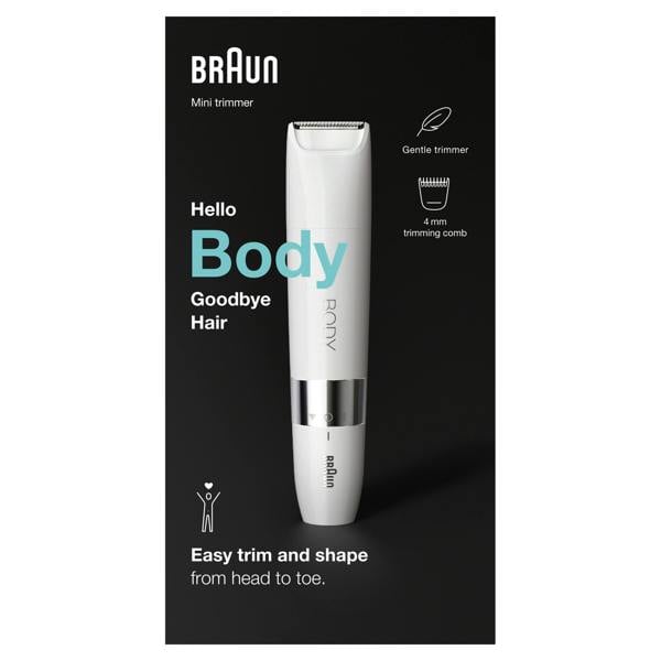 Braun Body Mini Trimmer BS1000, Electric Body Hair Removal for Women and Men, White