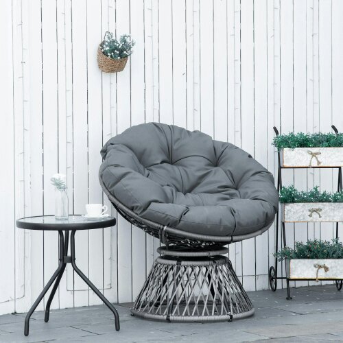 Wyld Haus Rarare Grey Rattan Swivel Papasan Style Moon Chair With Oversized Cushion