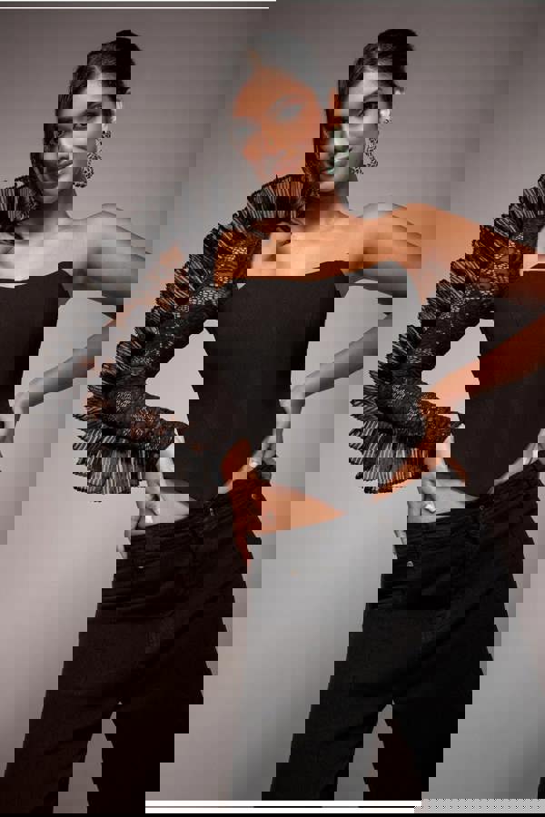 One Shoulder Fan Pleat Frill Corset Top - Black T232