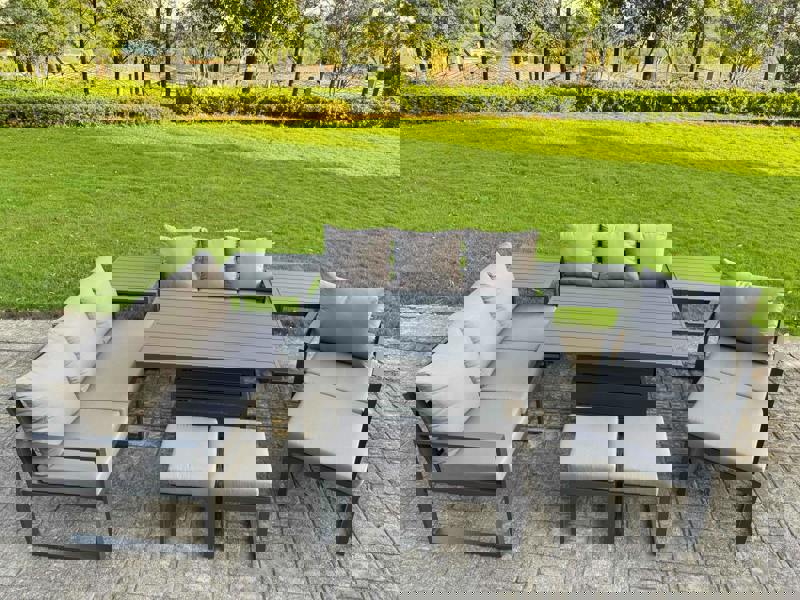 Fimous 10 Seater Aluminium Outdoor Garden Furniture Set with Adjustable Rising Dining Table, 2 Sofas, 3 Footstools, 2 Side Tables & 1 Chair - Grey