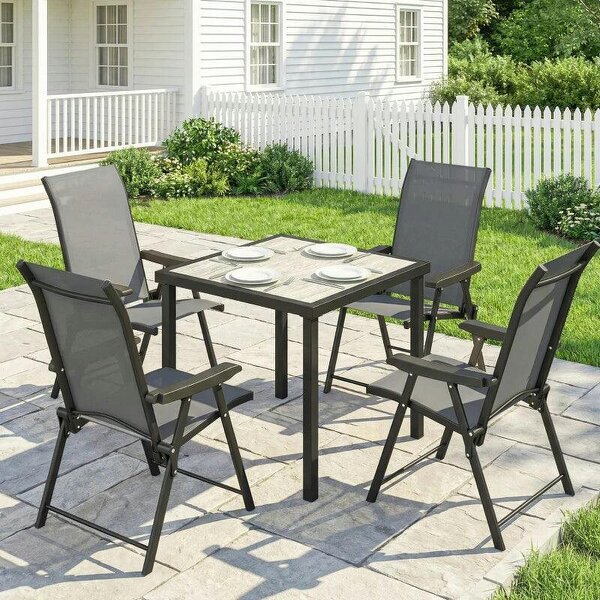 5 Pieces Outdoor Dining Set, Garden Dining Set for 4 with Square Table and Folding Chairs, Grey