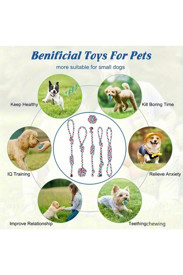 Dyzi 7pcs Interactive Dog Chew Rope Knot Toys Set Red Blue Training Play