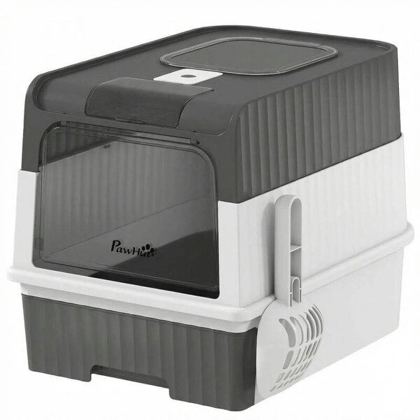 Enclosed Cat Litter Box with Lid, Pull-Out Drawer Tray, Scoop, 2 Deodorisation Bags, Front Entry & Top Exit, Grey