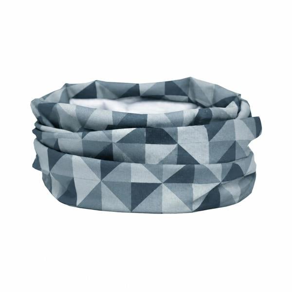 A scrunched up fabric neck gaiter snood  by RUFFNEK, featuring a geometric triangle pattern in shades of slate grey blue, shown against a plain white background.