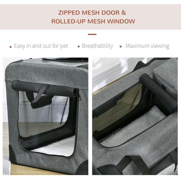 Grey folding pet carrier with zippered mesh door and rolled-up mesh window