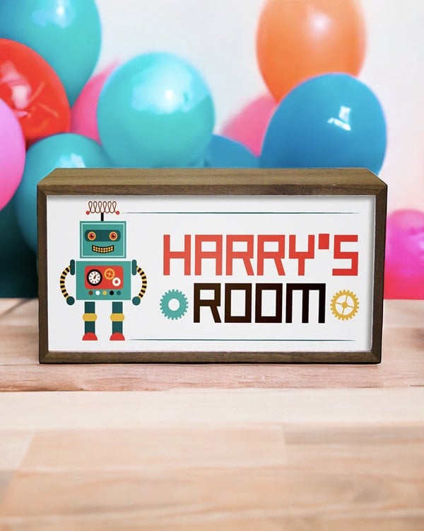 Personalised Robot Light Box for Kids. Custom LED Night Light with Retro Charm