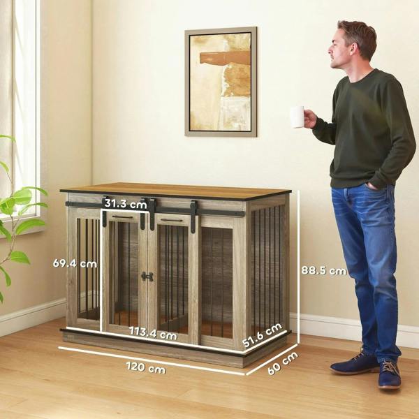 Oak-tone double dog crate furniture with sliding doors and open access from the front.