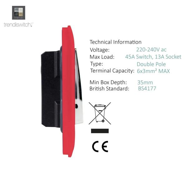 Trendi Switch 45 Amp Cooker Switch & 13 Amp Plug Socket with Neon in Strawberry Red