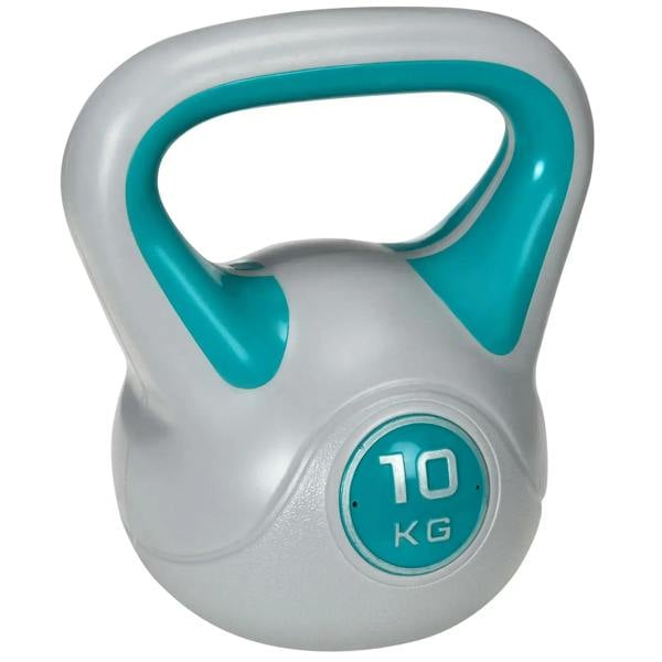 10 kg kettlebell with light blue handle and grey body, showing the weight label.