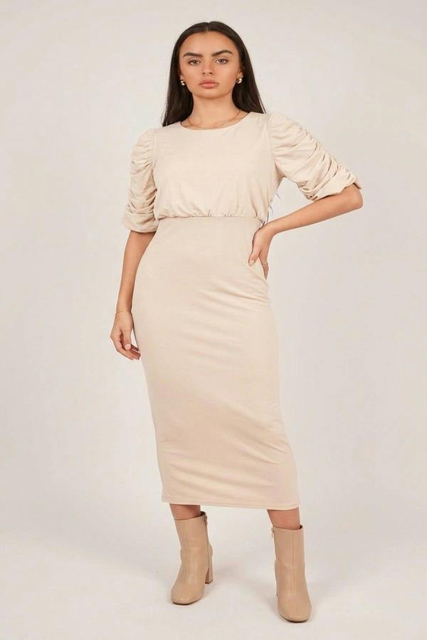 Elvira Ruched Short Sleeve Maxi Dress With Draped Bodice - Beige