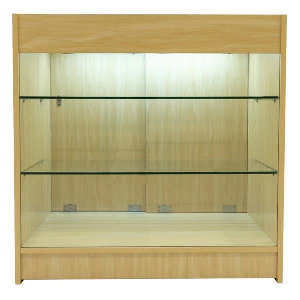 Maple LED shop counter set with two glass shelves, featuring a sleek design and warm wood finish, ideal for retail displays