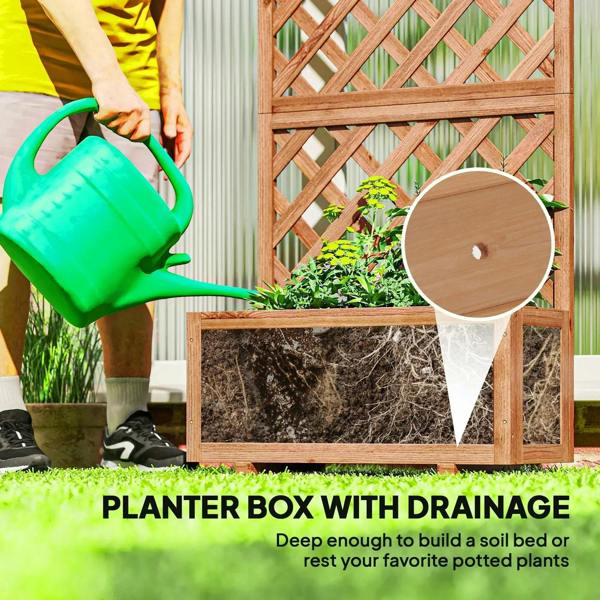 Wooden planter box with trellis backing and visible drainage insert, brown
