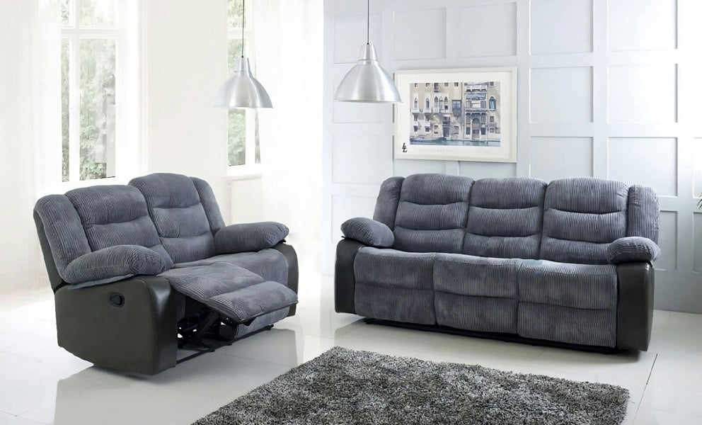 Roma Jumbo Cord with Leather Sofa 3+2 Seater Fabric Recliner Sofa in Grey with Black