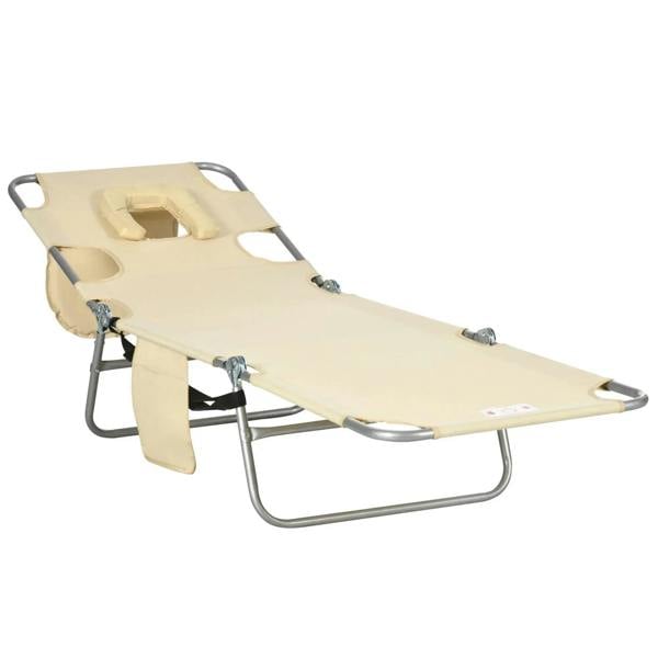 Beige foldable sun lounger with reading hole, arm slots, and 5-level adjustable backrest