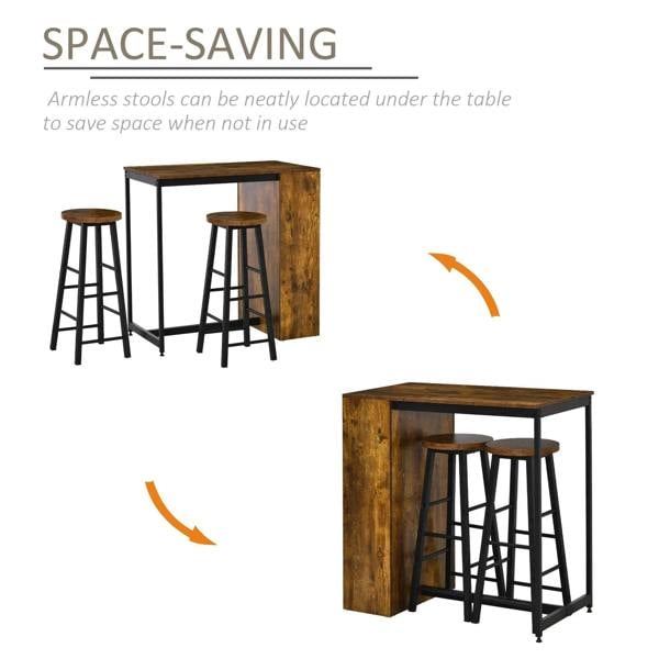 Rustic brown bar table with two round-top bar stools tucked under the tabletop