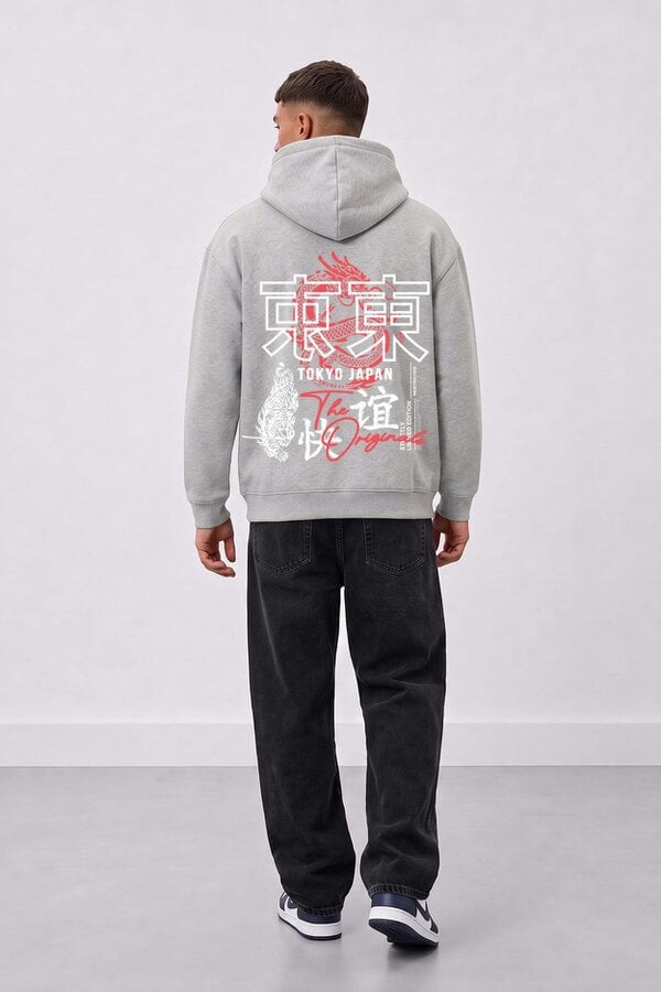 London Attitude Relaxed Fit Tokyo Japan Graphic Hoodie - Heather grey