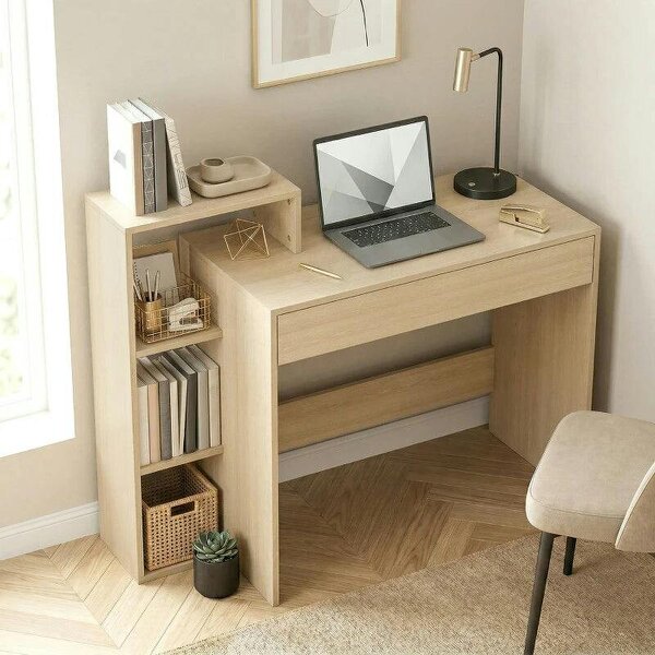 Desk with Storage, Computer Desk with 3 Open Shelves and Drawer, Workstation, Computer Table, Natural - Natural wood finish