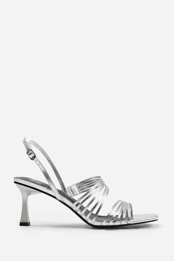 Where's That From Sammi Wide Fit Square Toe Low Block Slingback Heel With Multi Strap Detail in Silver Metallic Faux Leather