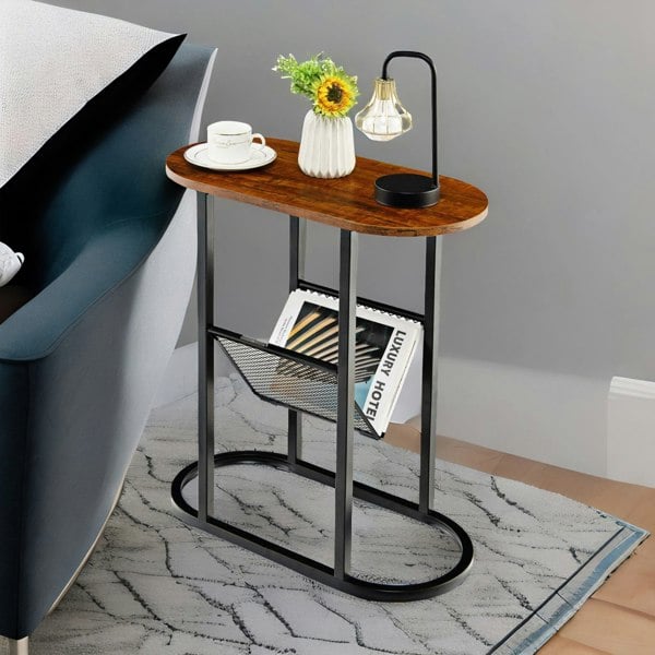 Rafaelo Mobilia Industrial Side Table With Mesh Magazine Holder Rustic Brown