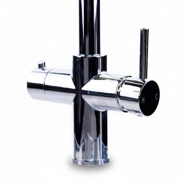 close up of a modern round neck pull out chrome boiling water tap on a white background
