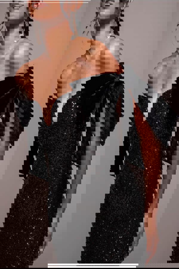 Sequin Off The Shoulder Velvet Bow Maxi Dress - Black DR4894