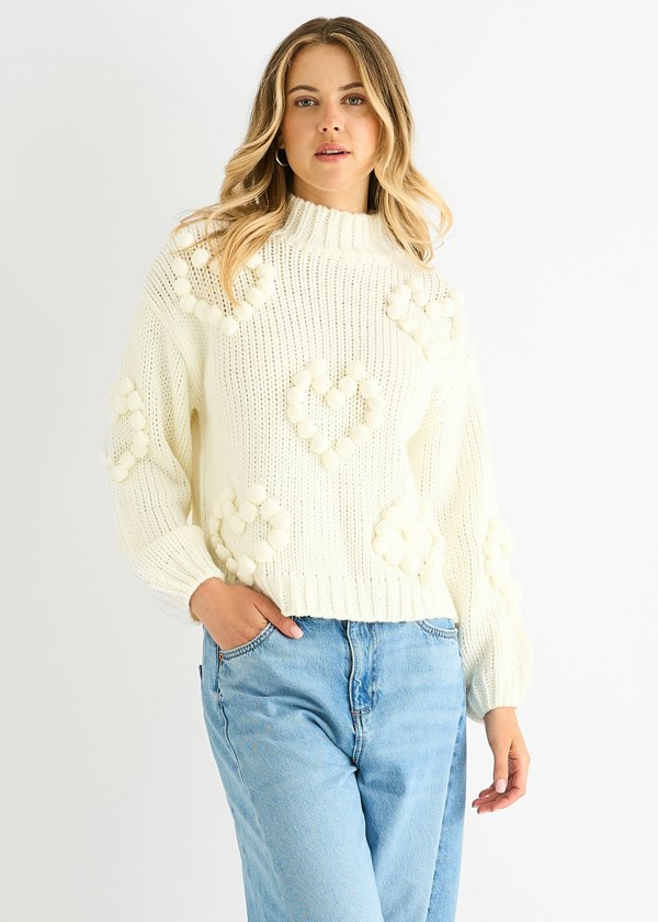 Gini London Cream Heart Bubble Chunky Knit High Neck Jumper