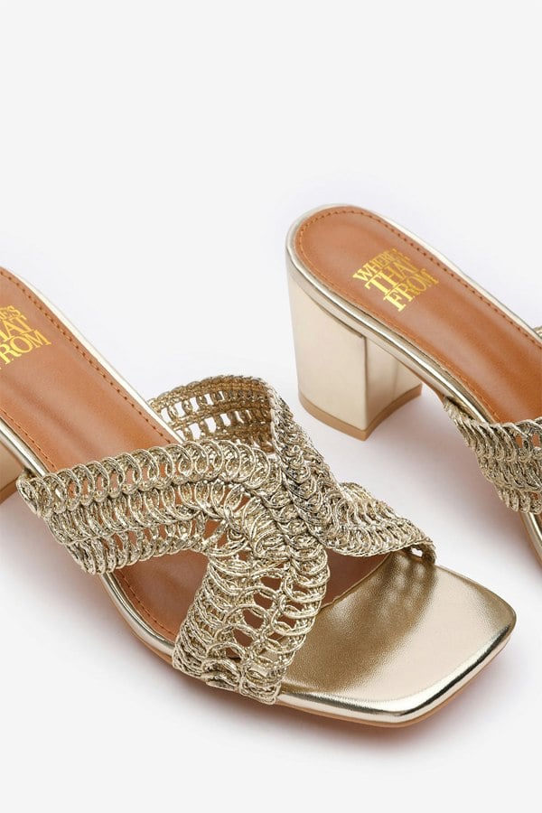 Where's That From Summer Woven Strap Block Heel Slides in Gold Metallic Faux Leather